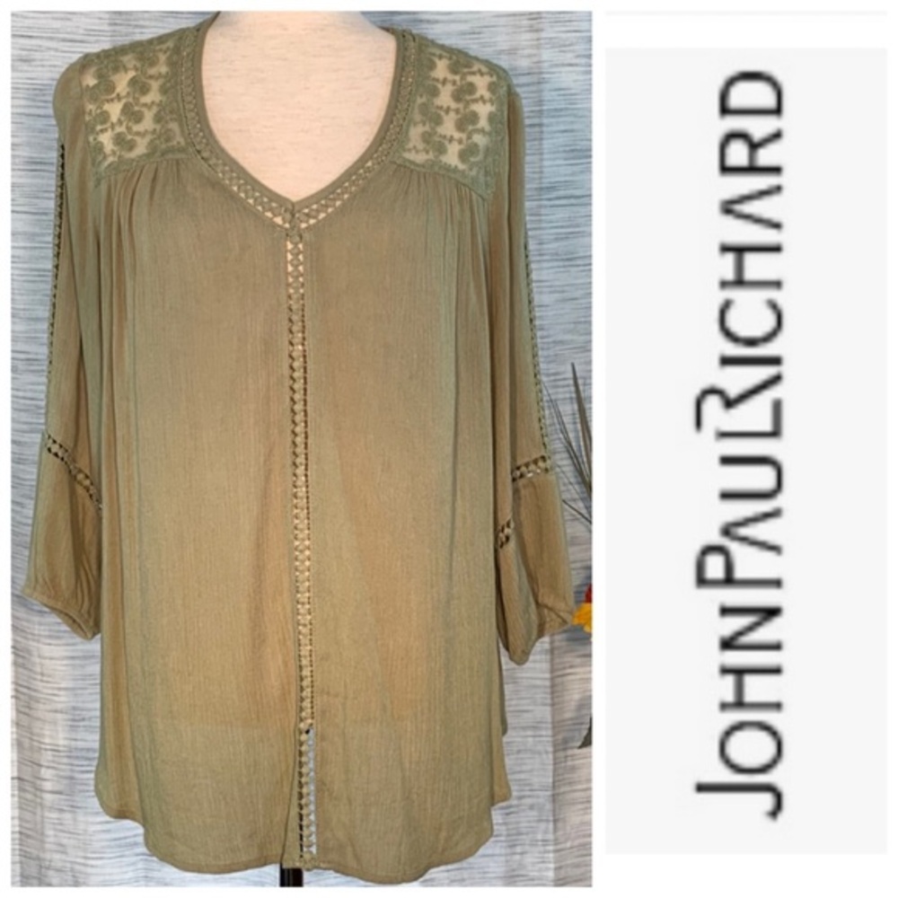 John Paul Richard green floral lace blouse.